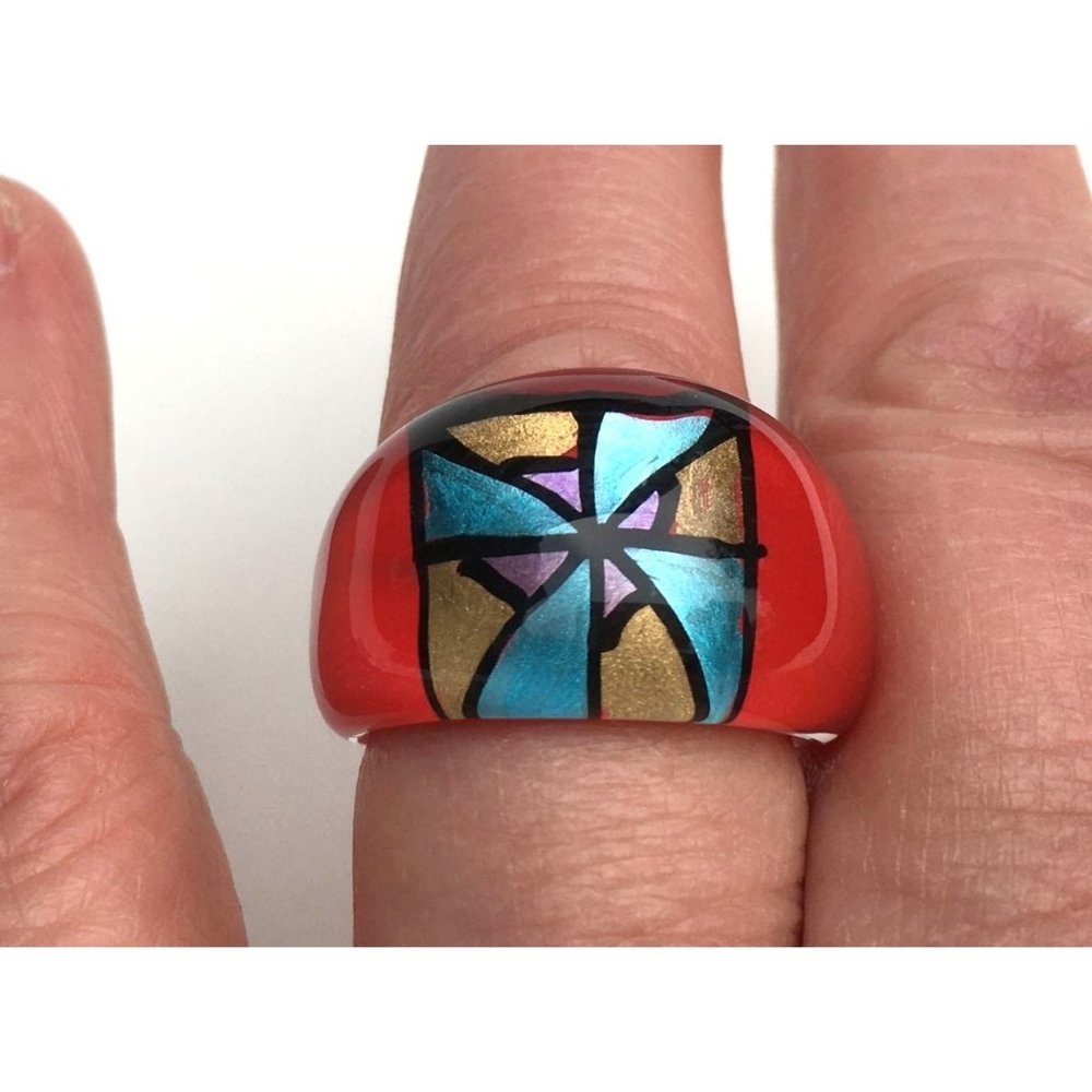 Vintage Lucite Ring Translucent Clear Red & Metallic Colors Hand Painted Chunky